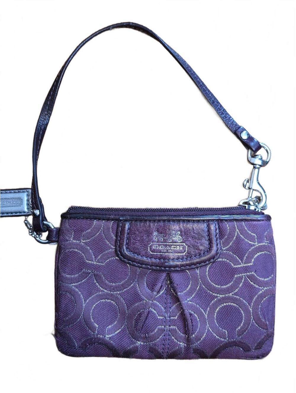 Coach Purple Metallic Signature C Jacquard Leather Wristlet